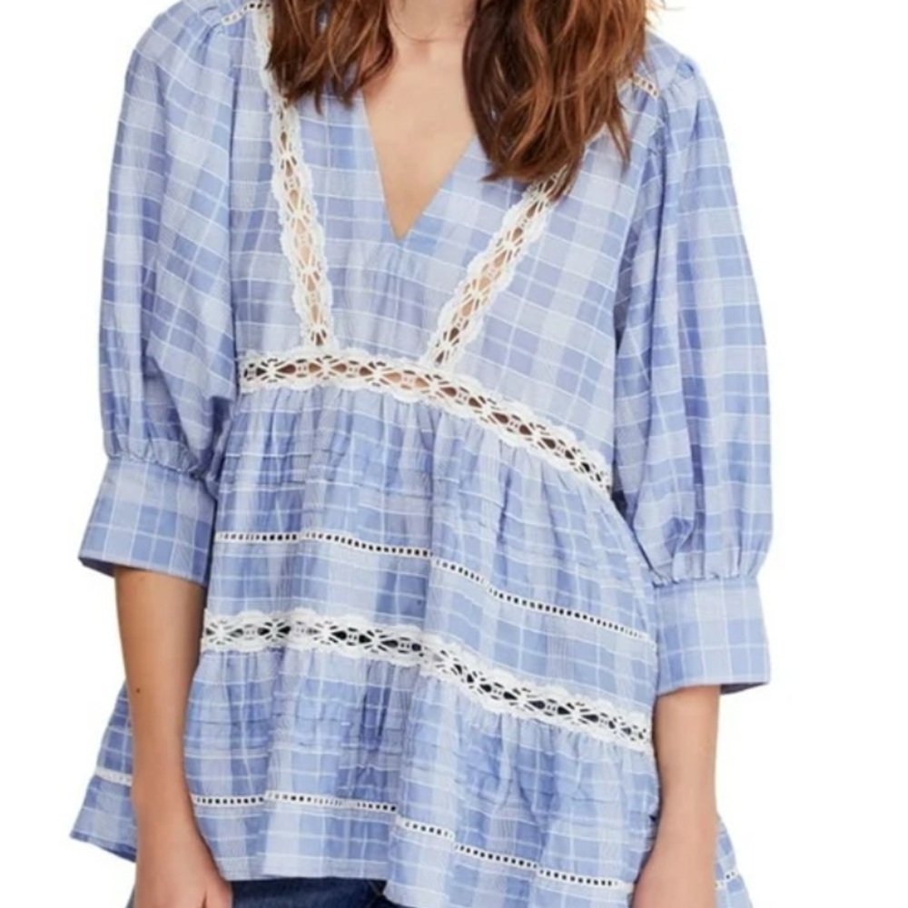 Free People Blue Plaid Crochet-Trim Babydoll Blouse
